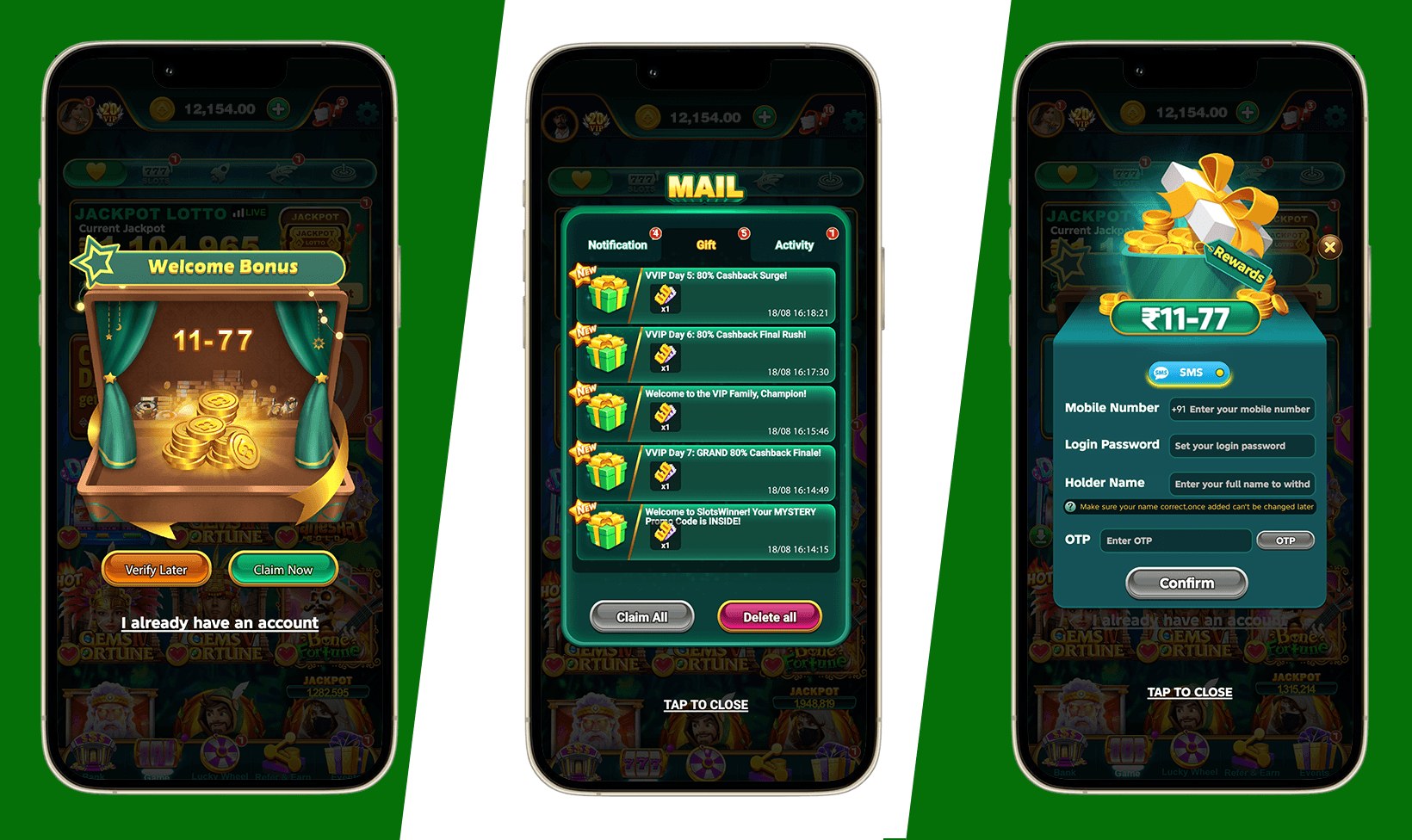 Three Slotswinner app screens: the Welcome Bonus popup, the gift mail inbox, and the registration form
