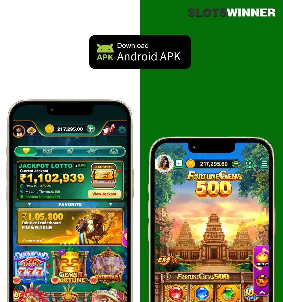 Slotswinner Android app shown on two phones — the game lobby and a slot game in play